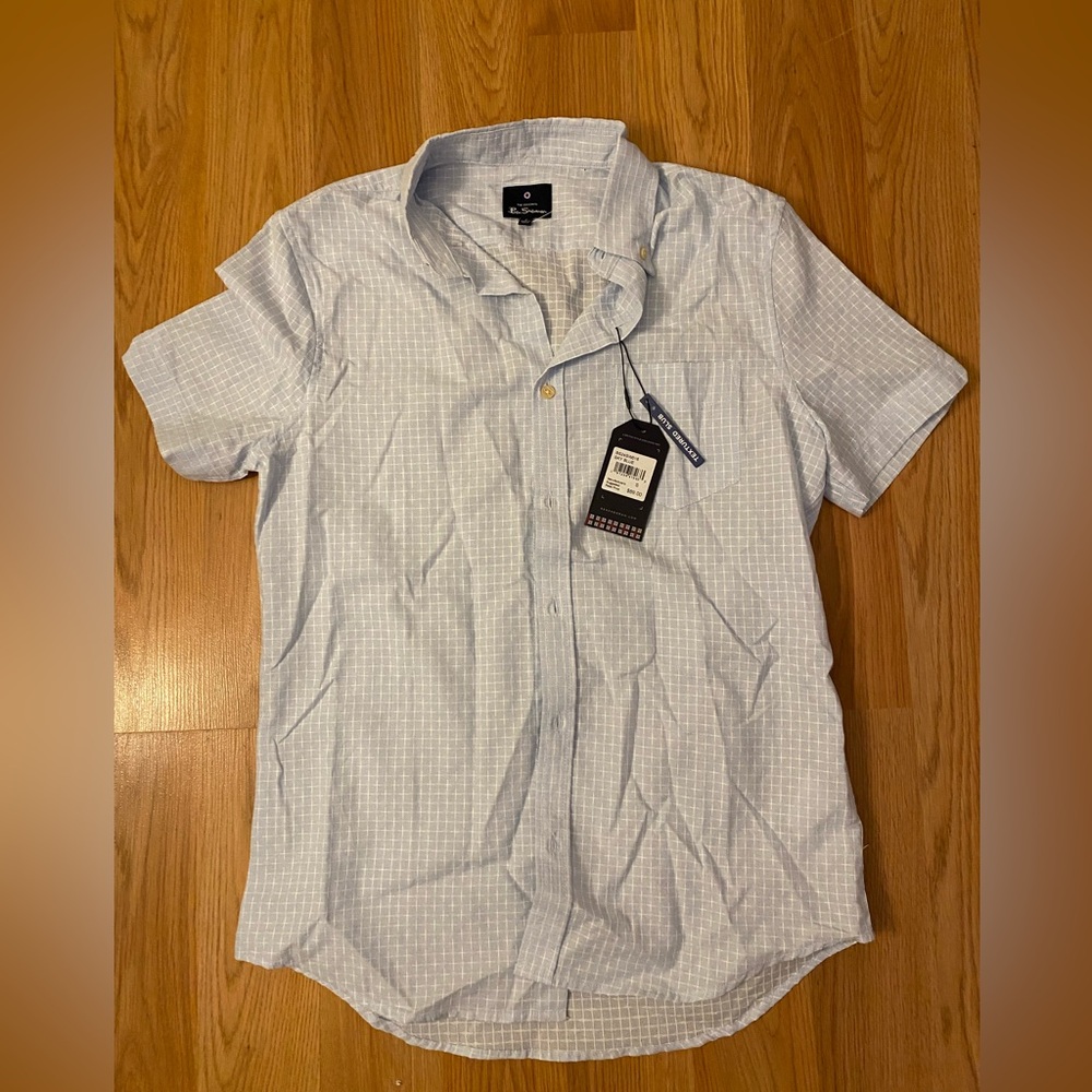 Ben Sherman Mens S Sky Blue Short Sleeve Textured Slub Shirt Button Down Cotton